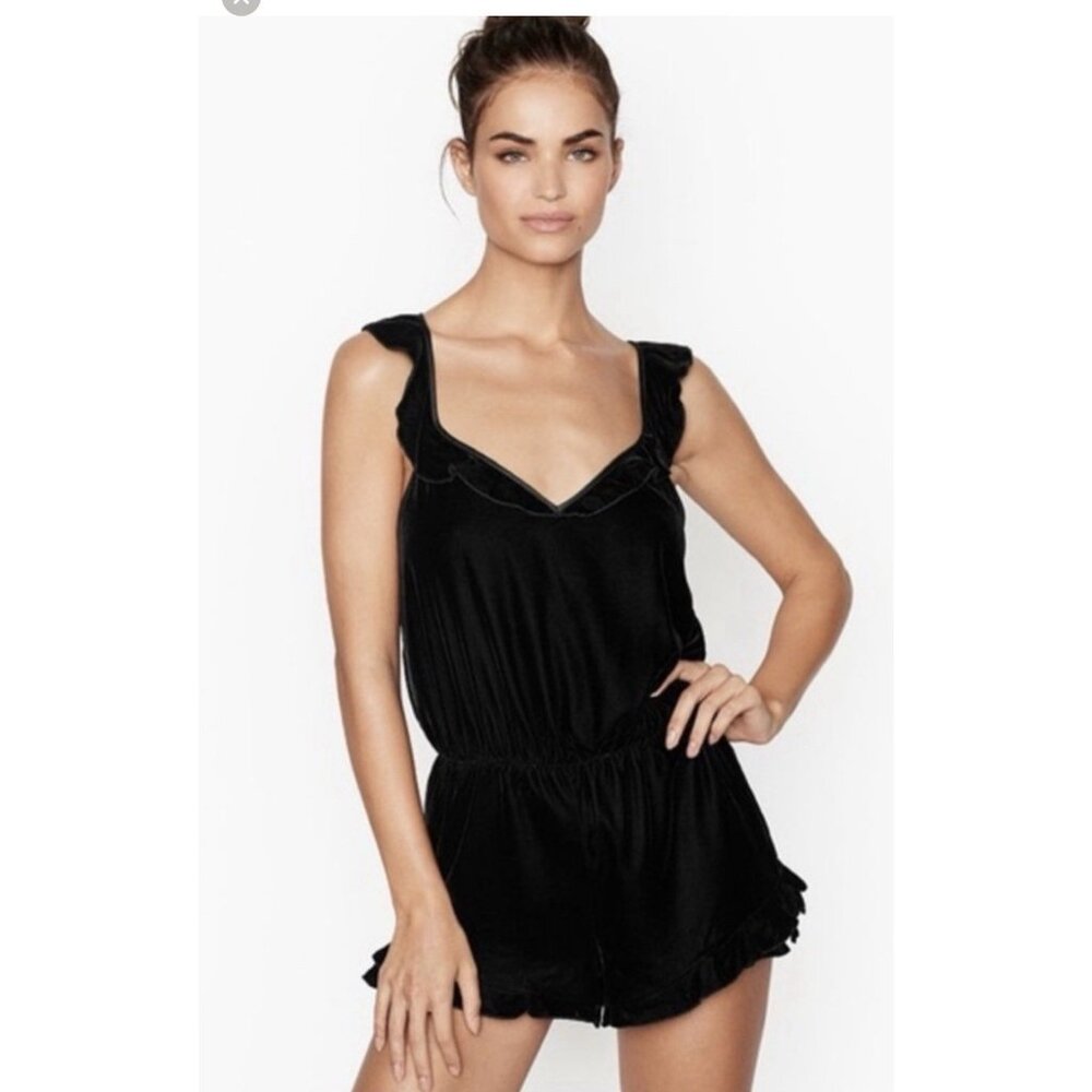 Victoria’s Secret Romper Velvet Black Ruffle Coquette Dainty Lounge Pajama LG S